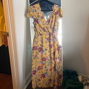 Yellow floral midi wrap dress